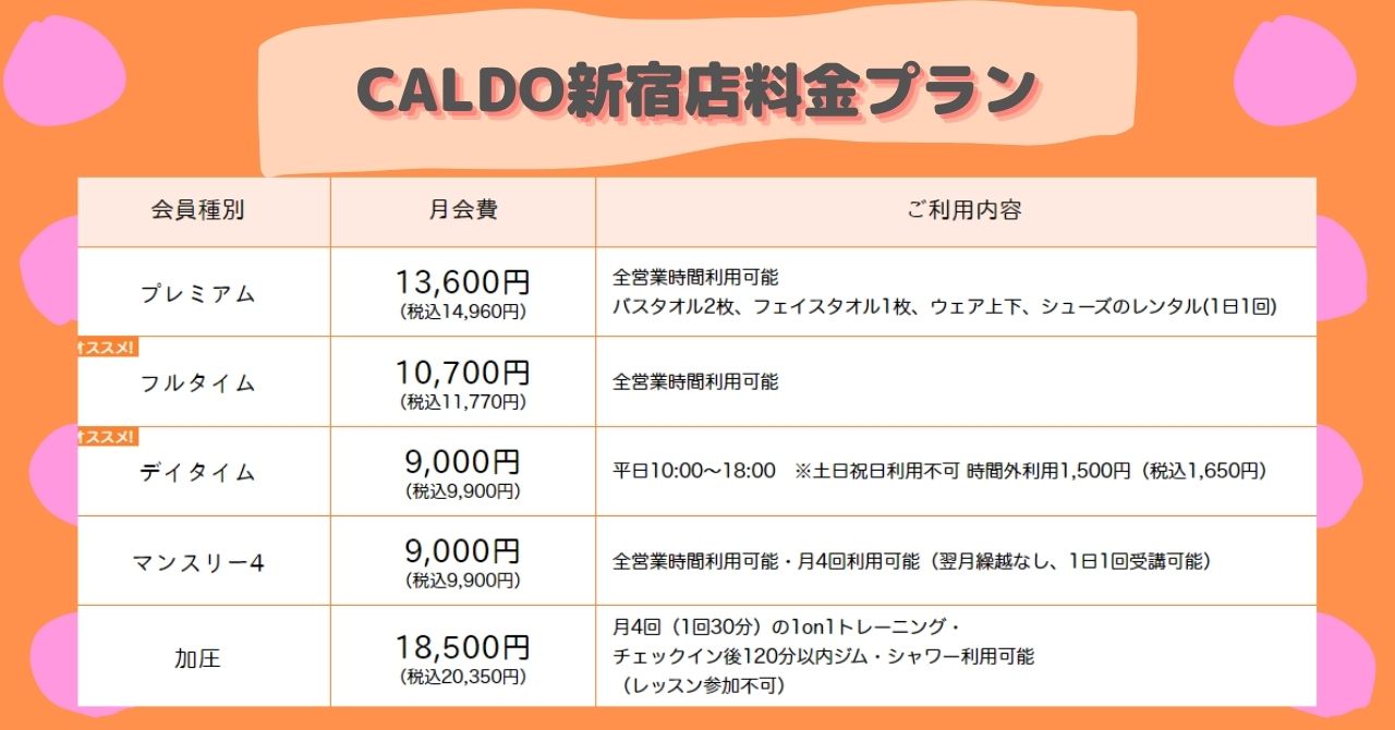 カルド新宿店料金プラン